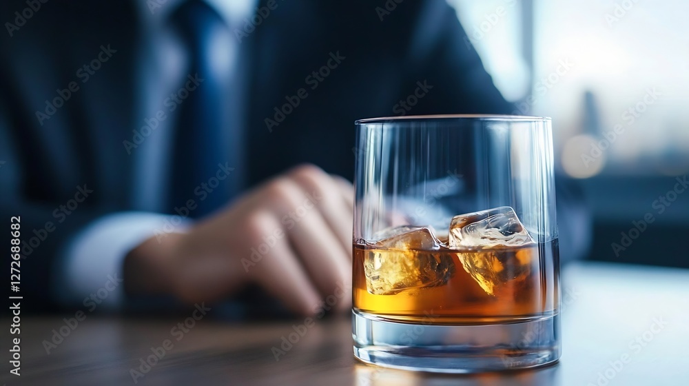 Sophisticated glass of whiskey on a table with ice and a businessman in the background promoting luxury and relaxation : Generative AI Sophisticated glass of whiskey on a table with ice and a businessman in the background promoting luxury and relaxation : Generative AI