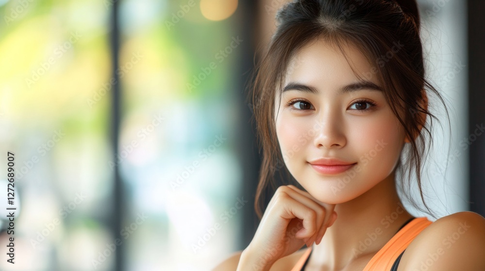 A beautiful asian woman in sportswear with blur background A beautiful asian woman in sportswear with blur background