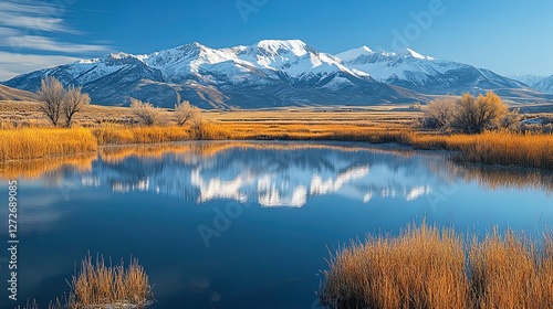 A tranquil lake surrounded by snow-capped mountains reflecting the morning light