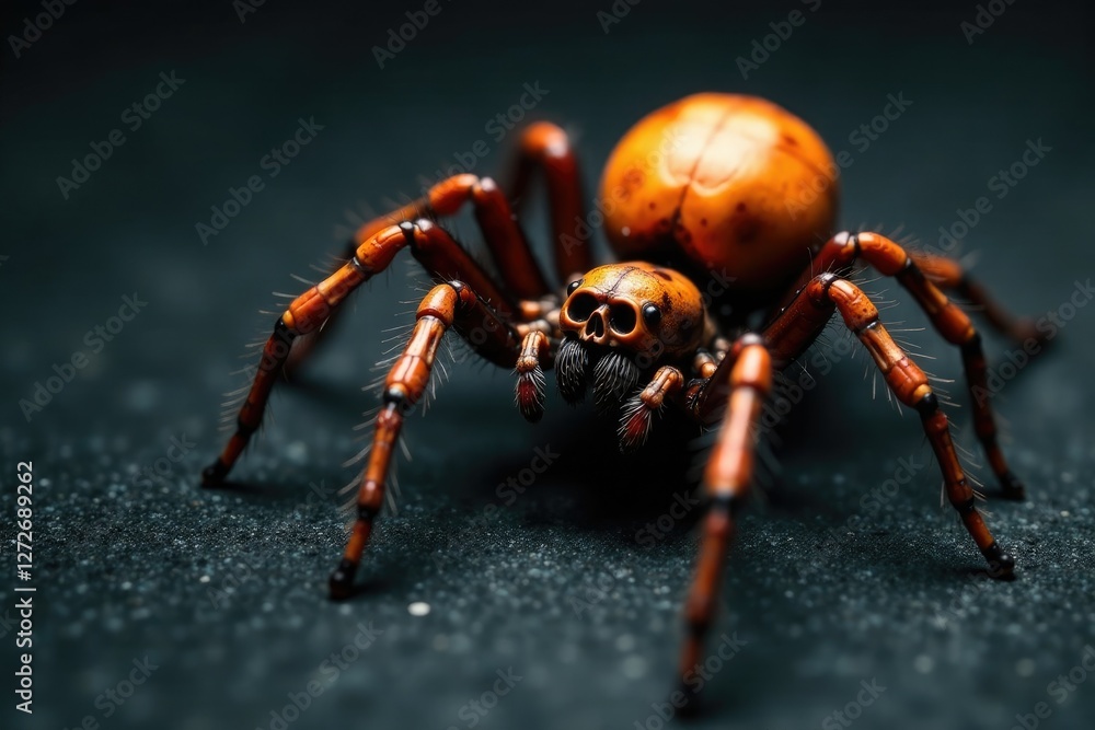 Orange skull spider crawling on a black surface, orange skull, black, texture Orange skull spider crawling on a black surface, orange skull, black, texture