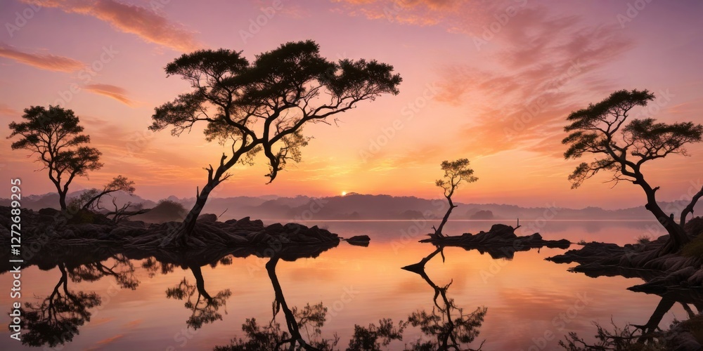 Serene Sunset over Still Waters, Silhouetted Trees Mirrored in Calm Lake at Dawn Serene Sunset over Still Waters, Silhouetted Trees Mirrored in Calm Lake at Dawn
