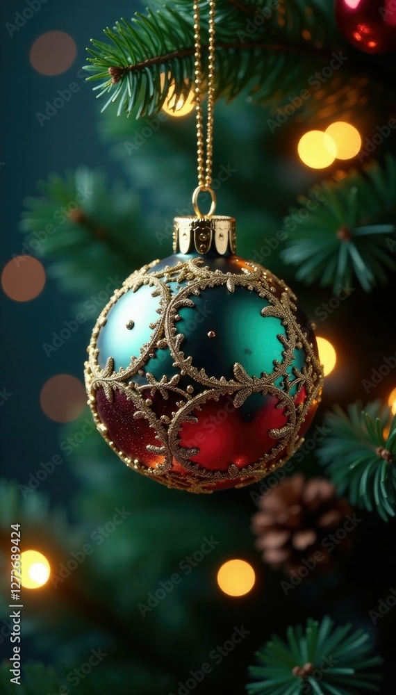 Ornament ball with gold trim suspended in air, decorations, christmas trees, sparkles Ornament ball with gold trim suspended in air, decorations, christmas trees, sparkles