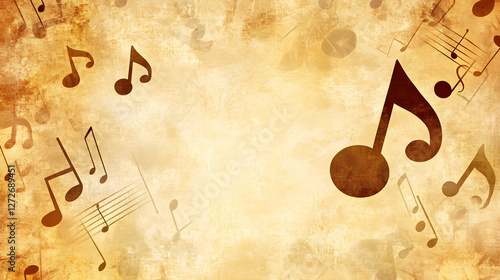 Vintage musical notes on textured background with copy space.
