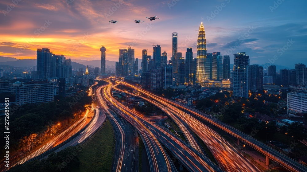 Obraz premium Kuala Lumpur Skyline at Sunset with Drones and Traffic