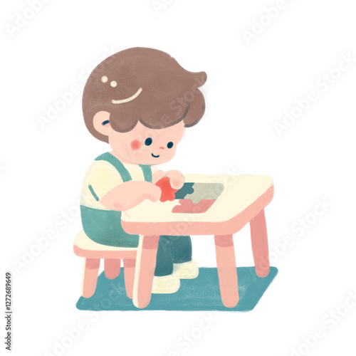 テーブルでパズルを楽しむ幼い男の子のシンプルでかわいいイラスト
