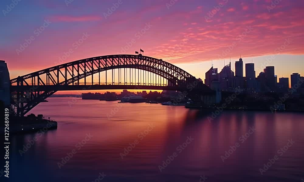 Stunning sunset over Sydney Harbour Bridge with vibrant colors reflecting on calm waters Stunning sunset over Sydney Harbour Bridge with vibrant colors reflecting on calm waters