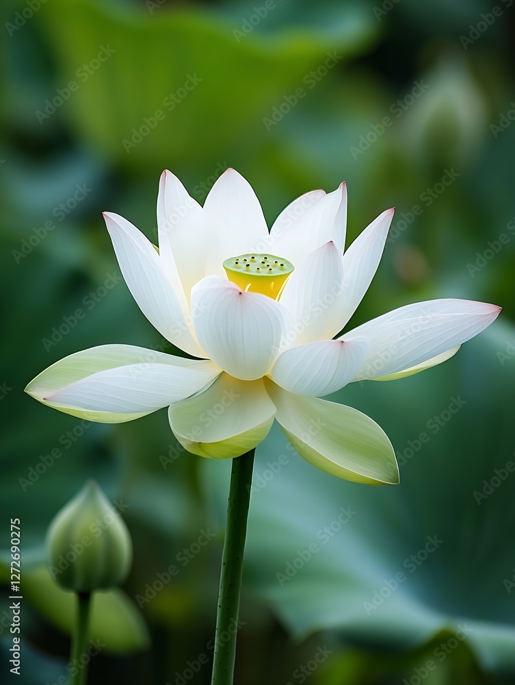 Elegant white lotus flower blooming in a serene pond environment surrounded by green leaves : Generative AI Elegant white lotus flower blooming in a serene pond environment surrounded by green leaves : Generative AI