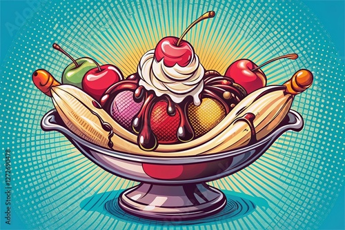 Vibrant Line Art Banana Split Ice Cream Dessert Illustration photo