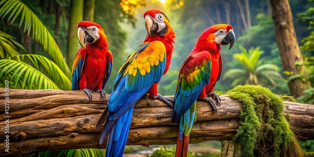 Obraz premium Vibrant Macaws Perched on a Weathered Log in Lush Rainforest
