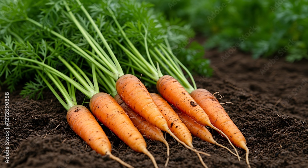 Fresh carrots with vibrant tops on dark soil - natural goodness - food blog Fresh carrots with vibrant tops on dark soil - natural goodness - food blog