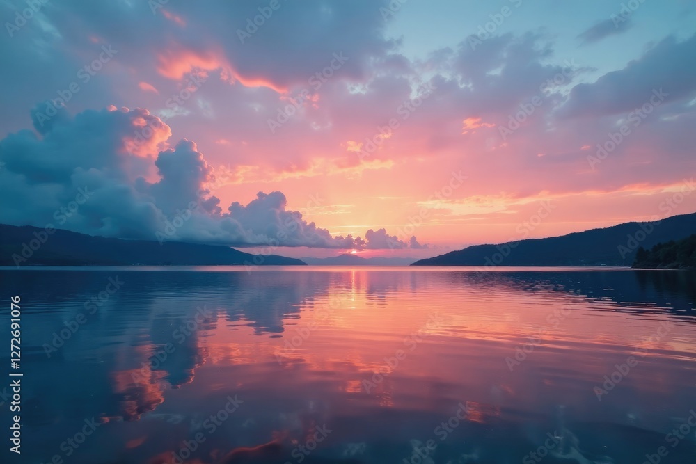 Naklejka premium Softly glowing clouds above a peaceful lake at evening, nature, calm, water