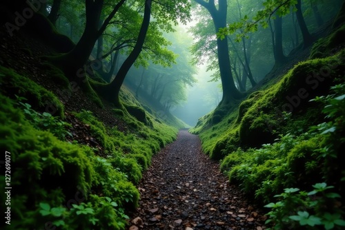 Path winding through dense forest of Imbros Gorge in Crete, serene atmosphere, misty environment, moss photo