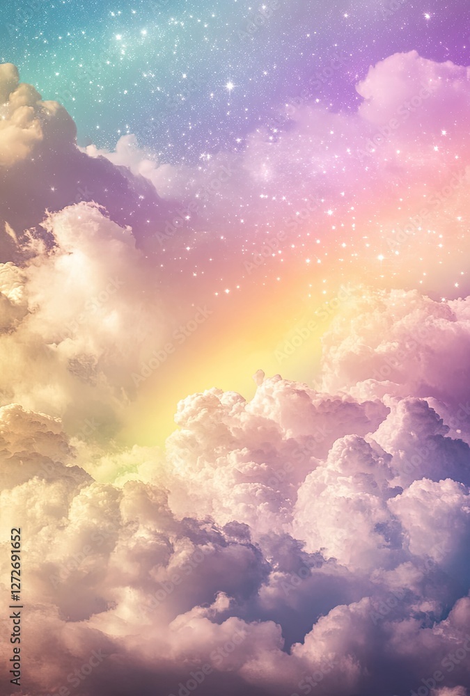 Colorful cloudscape with rainbow and stars, vibrant sky Colorful cloudscape with rainbow and stars, vibrant sky