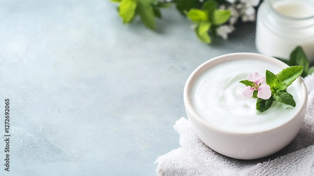 Fresh Creamy Yogurt with Herb Garnish and Natural Ingredients on a Table : Generative AI Fresh Creamy Yogurt with Herb Garnish and Natural Ingredients on a Table : Generative AI
