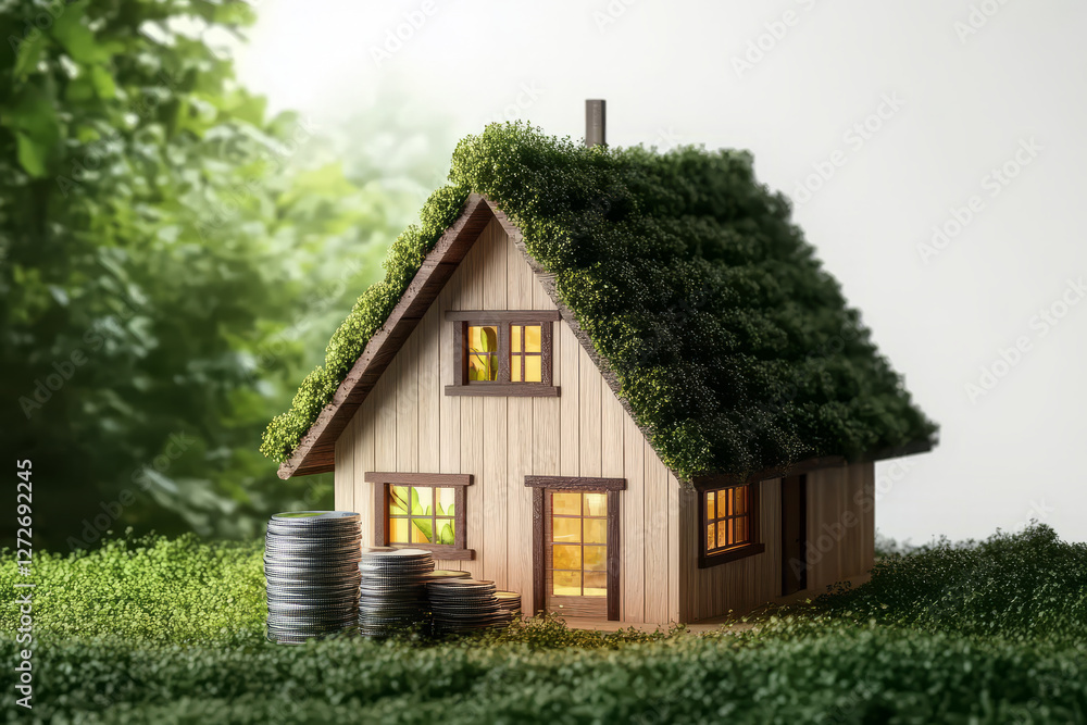 Fototapeta premium Eco friendly house with green roof and coins, symbolizing energy efficiency