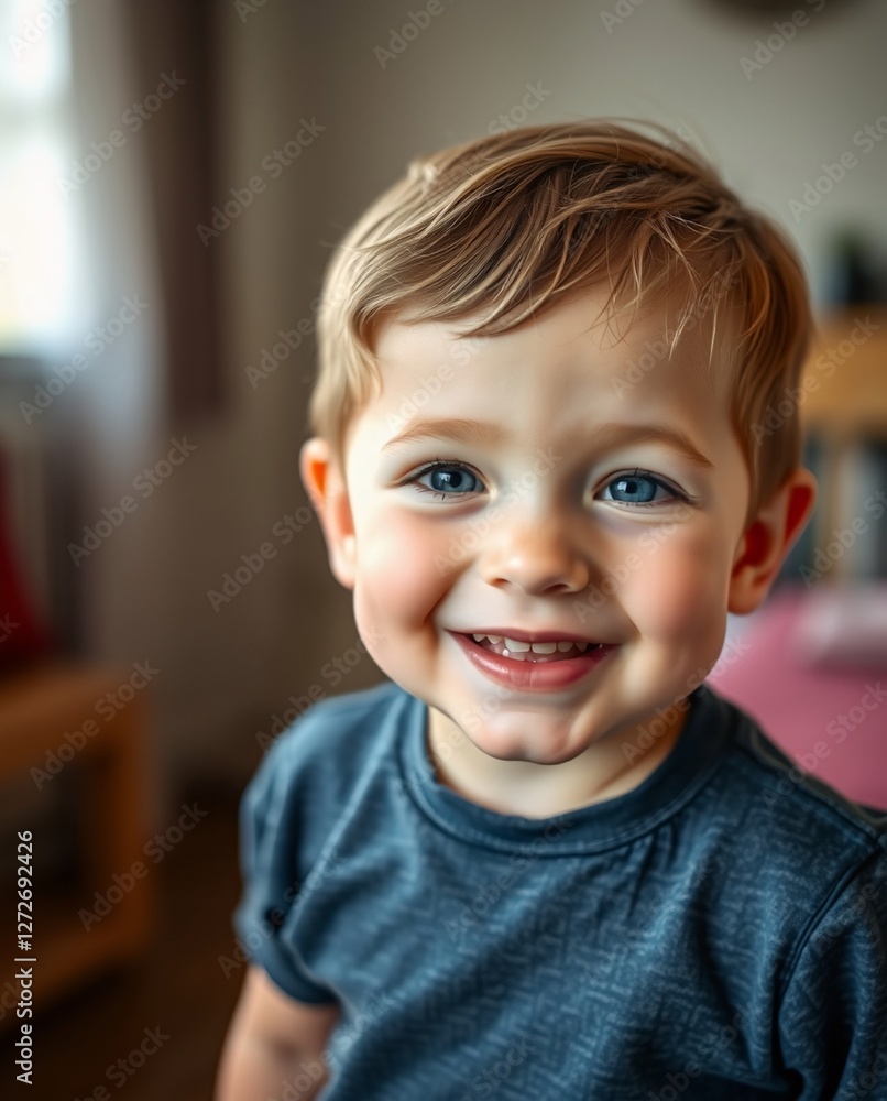 Cheerful Toddler with Bright Blue Eyes Smiling in a Cozy Indoor Setting Cheerful Toddler with Bright Blue Eyes Smiling in a Cozy Indoor Setting