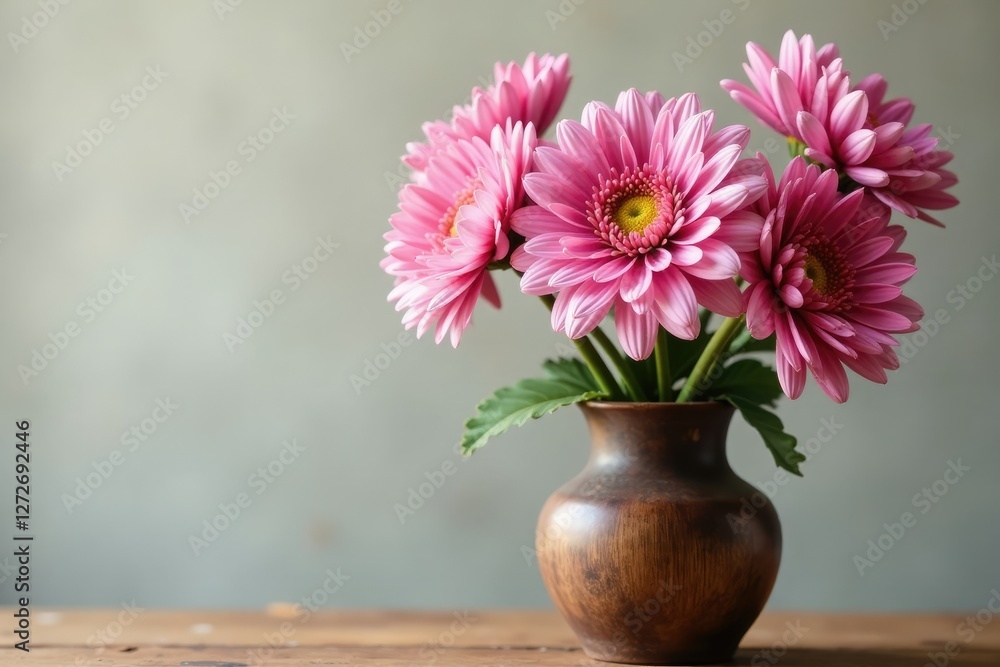 Pink chrysanthemum blooms swaying gently in a rustic wooden vase, petals, arrangement Pink chrysanthemum blooms swaying gently in a rustic wooden vase, petals, arrangement