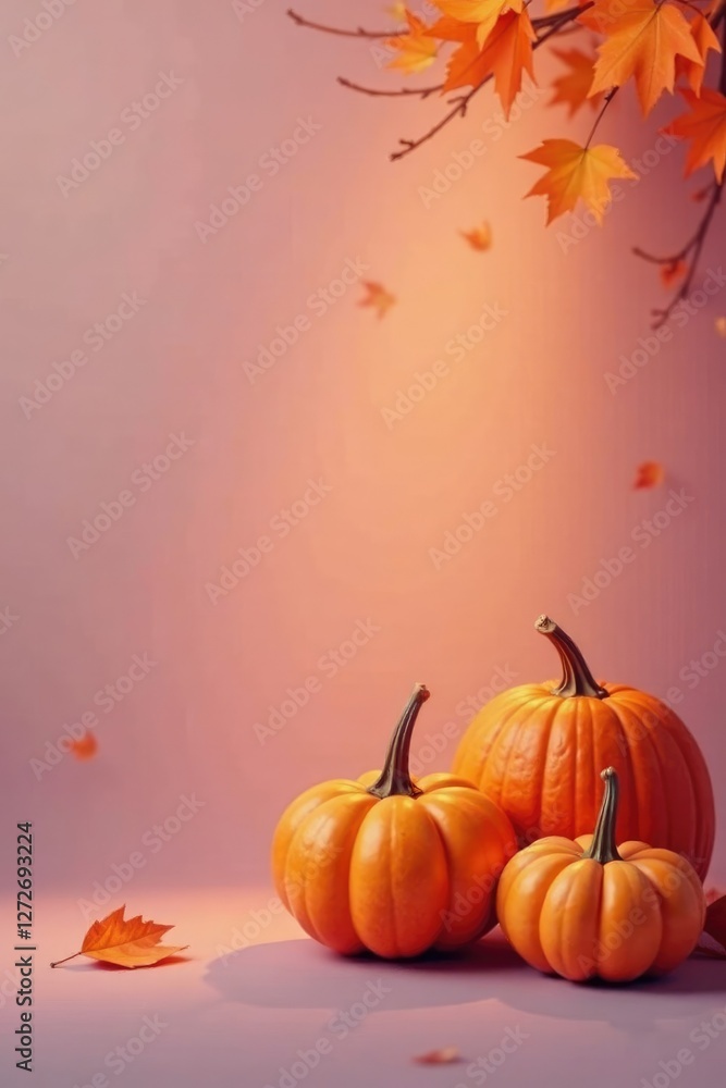 Softly glowing pumpkins on a pastel background with falling leaves, nature, leaf, lighting Softly glowing pumpkins on a pastel background with falling leaves, nature, leaf, lighting