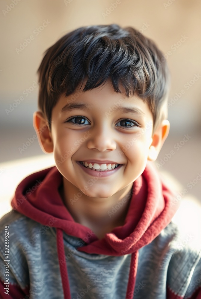 Happy Young Boy Smiling in Casual Hoodie with Natural Light Happy Young Boy Smiling in Casual Hoodie with Natural Light