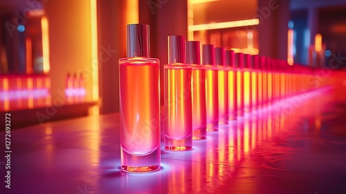 Perfume bottles display, vibrant lighting, modern interior