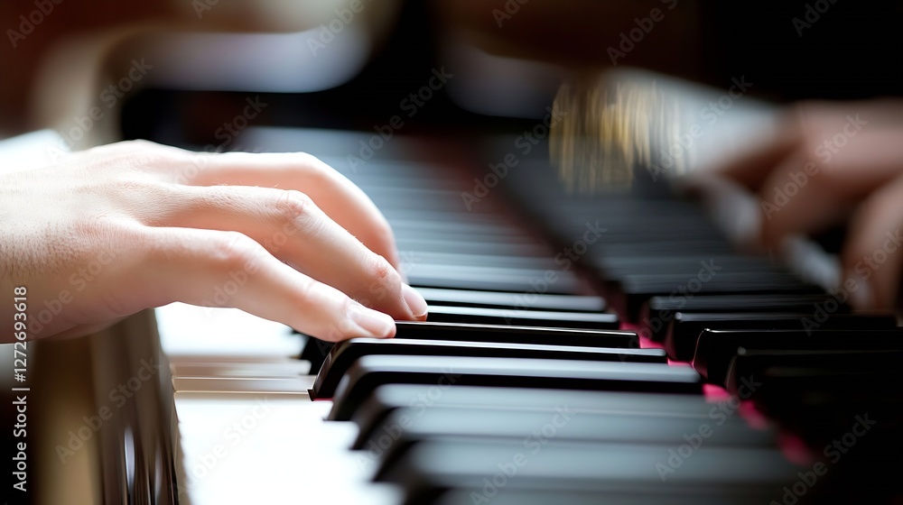 Fototapeta premium Elegant Hand Playing Piano Keys Capturing the Essence of Music : Generative AI
