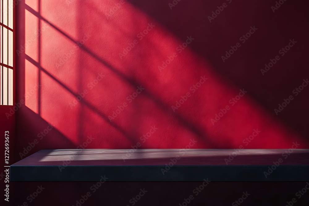 Obraz premium Wooden table in room with red wall and sunlight.