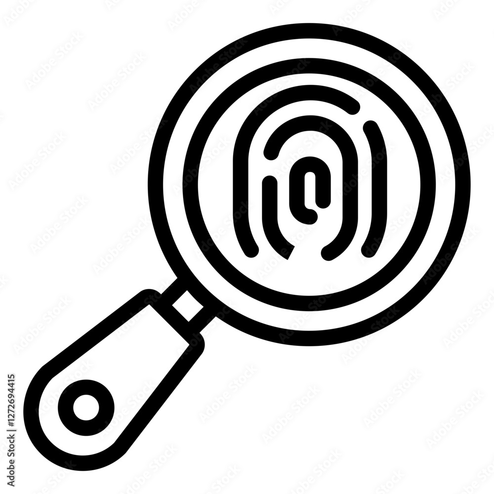 Magnifying glass with fingerprint icon representing criminology, indentification, and forensics Magnifying glass with fingerprint icon representing criminology, indentification, and forensics