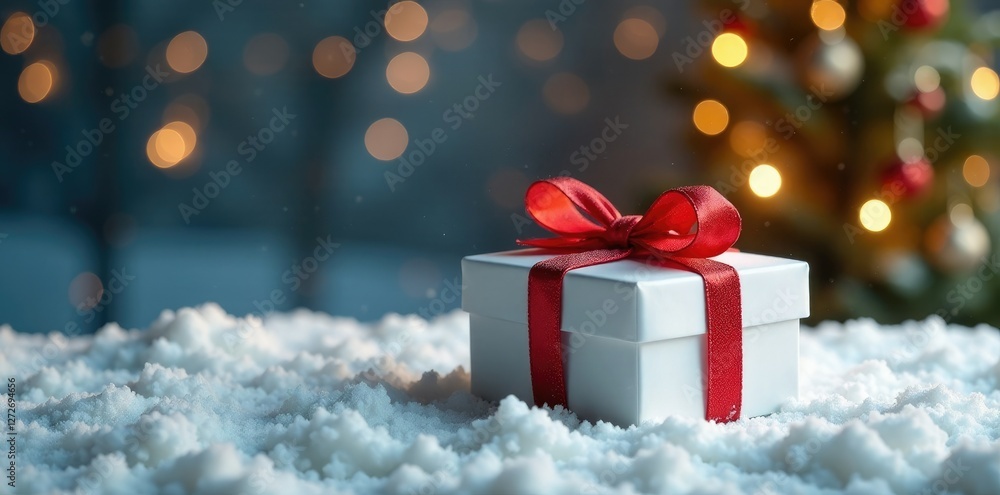 White gift box on a snowy table with a decorated tree, present, gift box, festive White gift box on a snowy table with a decorated tree, present, gift box, festive