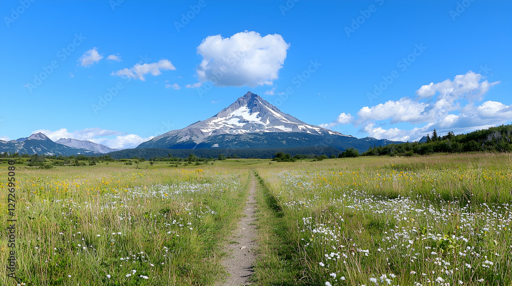 Fototapeta premium Majestic mountain view, wildflowers, trail, sunny day, travel