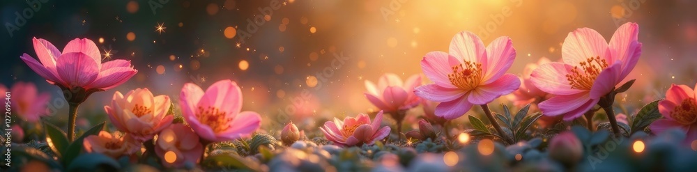 Obraz premium Radiant flowers blooming in a pool of glittering fairy dust, fairy, sparkling