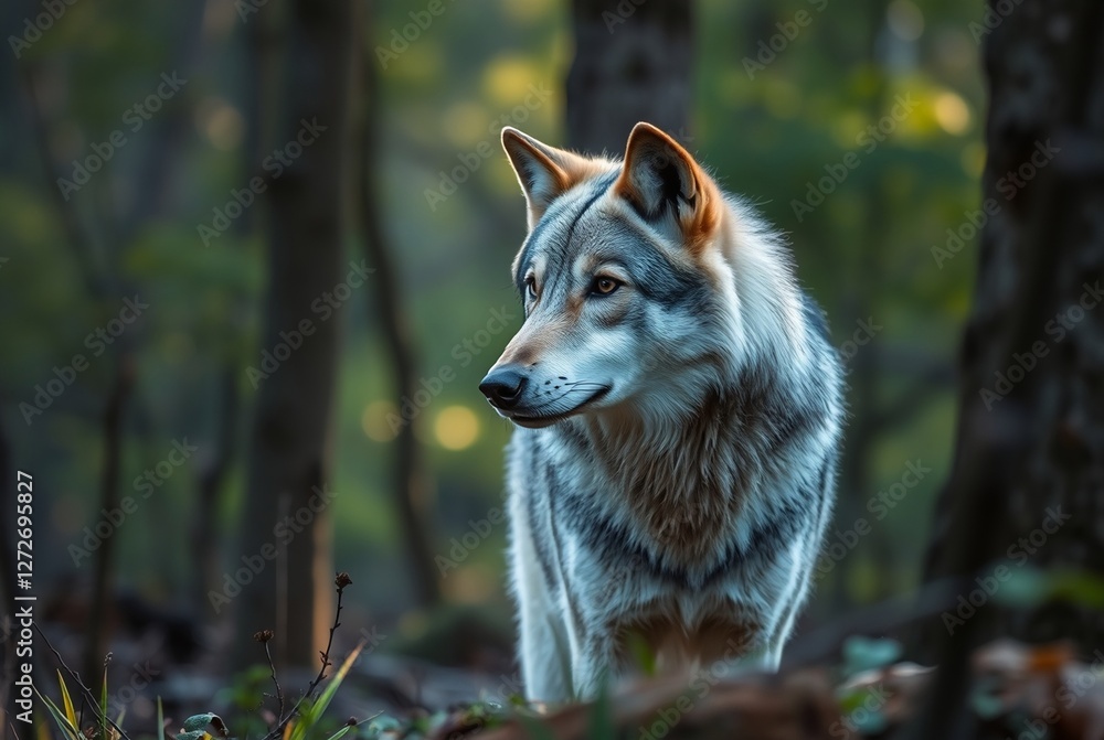 Majestic Gray Wolf in Serene Forest Setting Majestic Gray Wolf in Serene Forest Setting