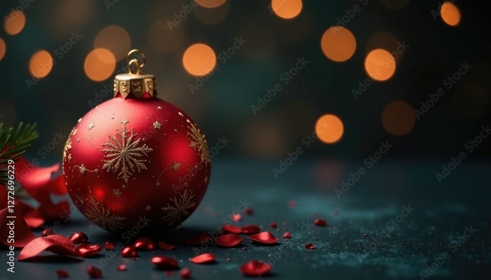 Red and gold ornament on dark background with sparkles, decorative accents, cozy ambiance Red and gold ornament on dark background with sparkles, decorative accents, cozy ambiance