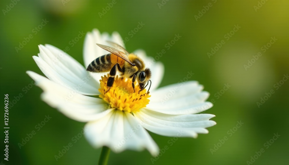 Wild bee collecting pollen from a single white flower, pollen, wild, nature Wild bee collecting pollen from a single white flower, pollen, wild, nature