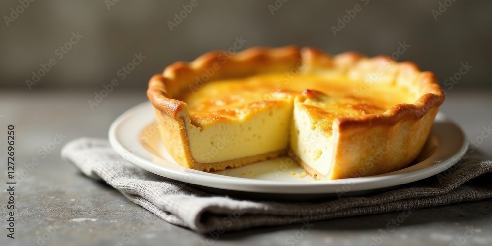 A delectable homemade creamy custard tart, baked to perfection in a golden-brown pastry crust, served on an elegant white plate, resting on a soft linen cloth. A delectable homemade creamy custard tart, baked to perfection in a golden-brown pastry crust, served on an elegant white plate, resting on a soft linen cloth.