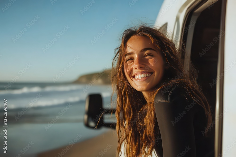 A carefree young woman pulling on her wetsuit, next to her camper van by the sea, excited to surf in the morning waves. A carefree young woman pulling on her wetsuit, next to her camper van by the sea, excited to surf in the morning waves.