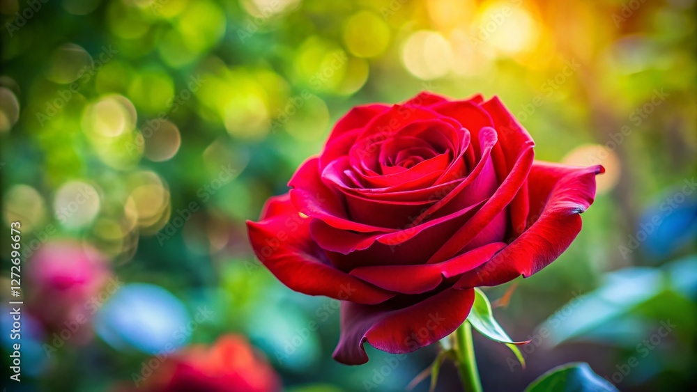 Vibrant Red Rose Closeup with Tilt-Shift Bokeh Garden Background - Stock Photo Vibrant Red Rose Closeup with Tilt-Shift Bokeh Garden Background - Stock Photo