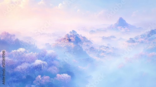 Misty mountain sunrise, birds flying, scenic view, peaceful landscape, travel poster