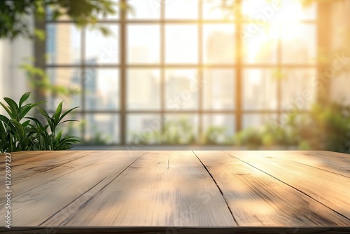 Empty wooden table in front of city view window with plants