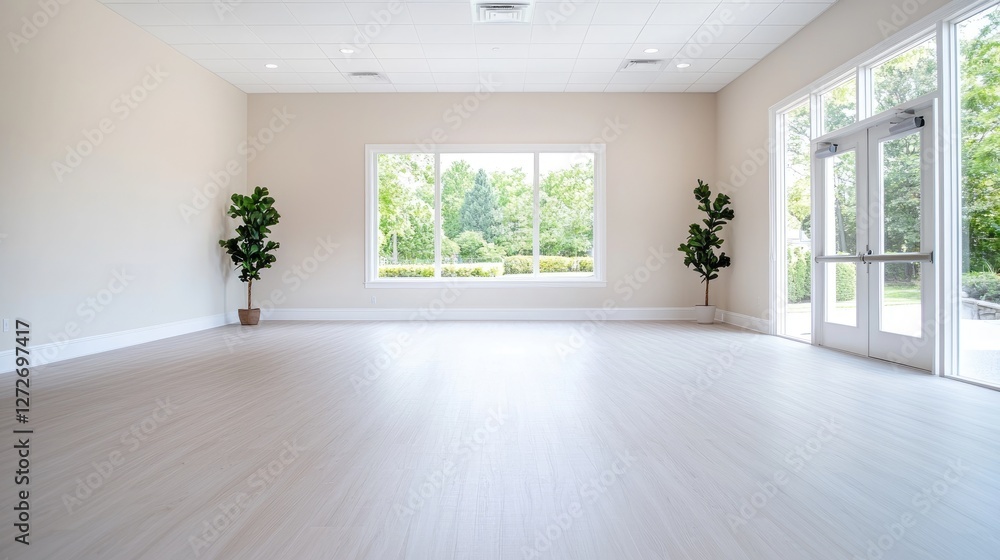 Fototapeta premium Empty modern room with large window overlooking trees. Ideal for event venue or photoshoot
