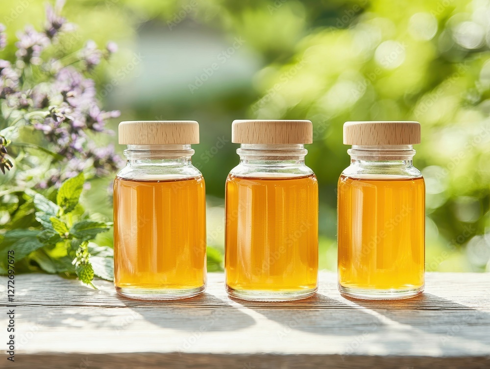 Three glass jars filled with golden liquid, set against a blurred green backdrop, showcasing a natural and fresh atmosphere. Three glass jars filled with golden liquid, set against a blurred green backdrop, showcasing a natural and fresh atmosphere.