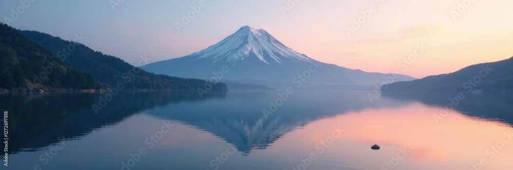 Reflection of a white striped mountain on a serene lake at dawn, reflection, white stripe, calm Reflection of a white striped mountain on a serene lake at dawn, reflection, white stripe, calm