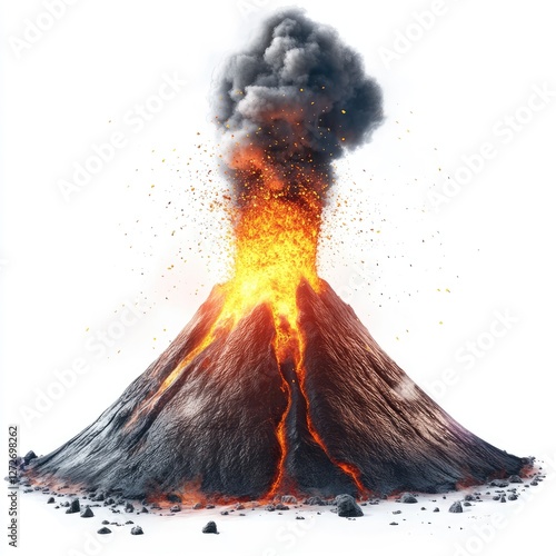 Erupting Volcano, Fiery Mountain, Ash Cloud, White Background photo