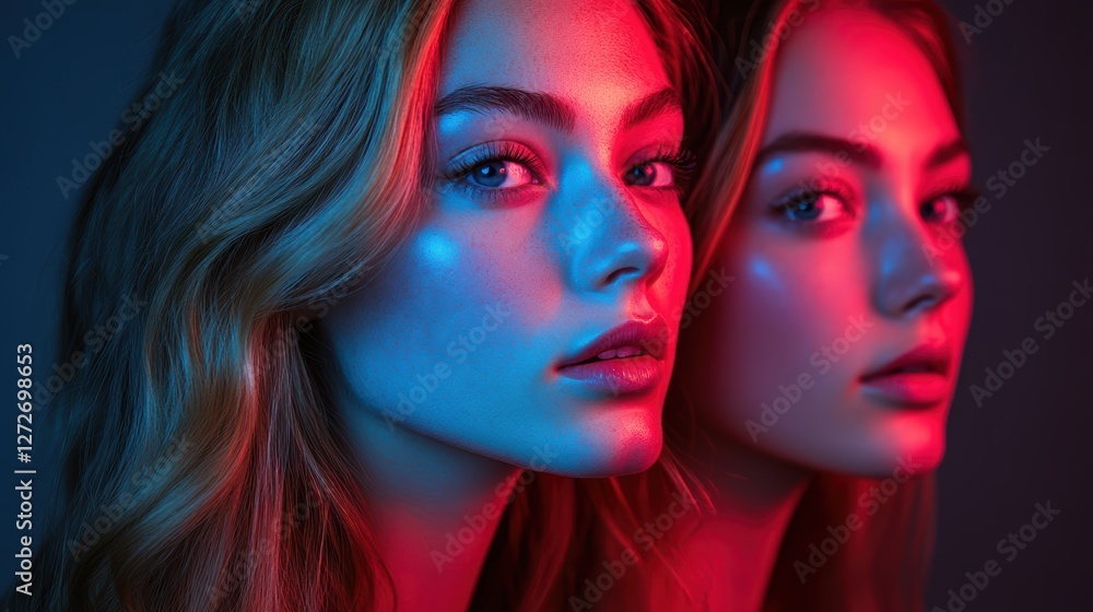 Naklejka premium Vibrant Portraits in Blue and Red Light