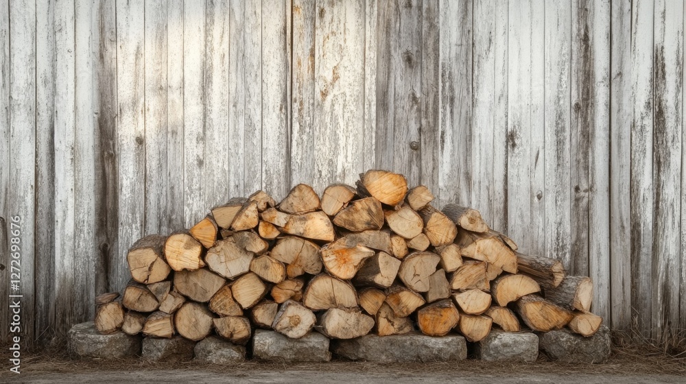 A beautifully stacked pile of firewood in front of a weathered wooden wall, evoking feelings of warmth, coziness, and craftsmanship. A beautifully stacked pile of firewood in front of a weathered wooden wall, evoking feelings of warmth, coziness, and craftsmanship.