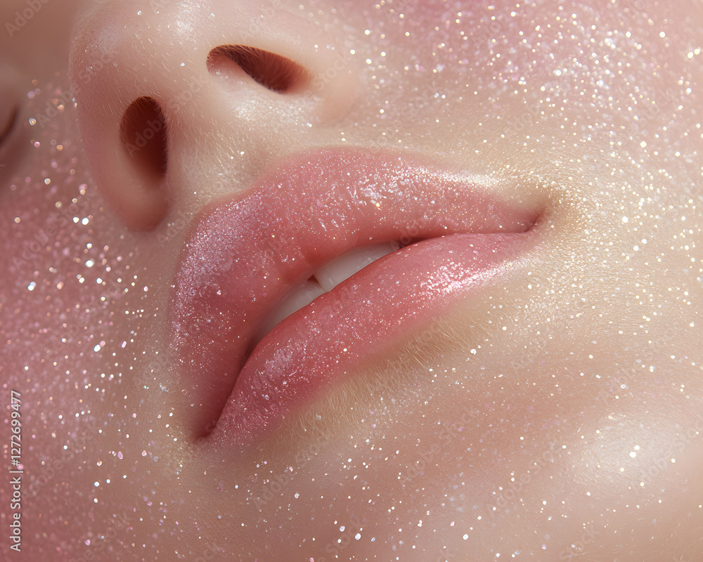 Fototapeta premium close up of shimmering lip with glitter and soft glow, evoking beauty