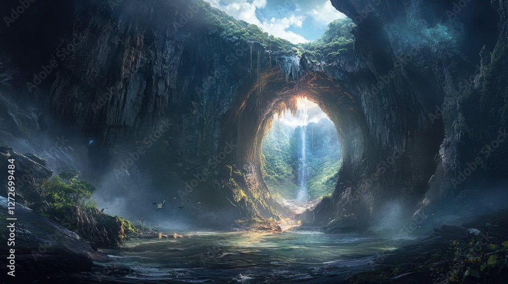 Fototapeta premium A breathtaking view of a natural cave's entrance with a glow of light beyond, revealing intricate rock patterns and an air of mystery.