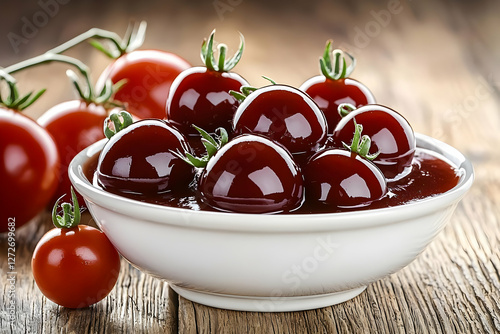 Shiny cherry tomatoes in sauce, wooden background. Food recipe photo