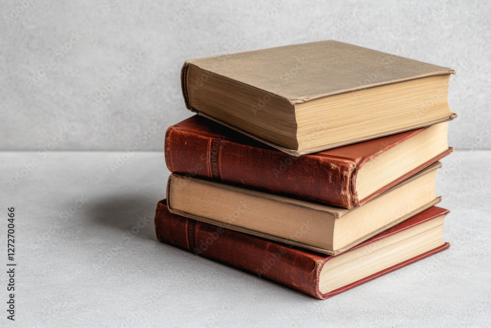 Four old hardback books are stacked against a gray backdrop Four old hardback books are stacked against a gray backdrop