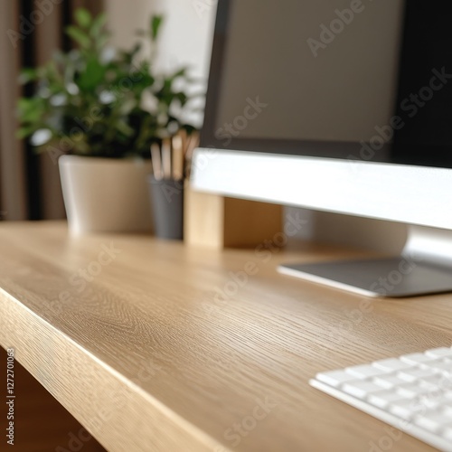 Home Office Desk with Computer and Plants photo