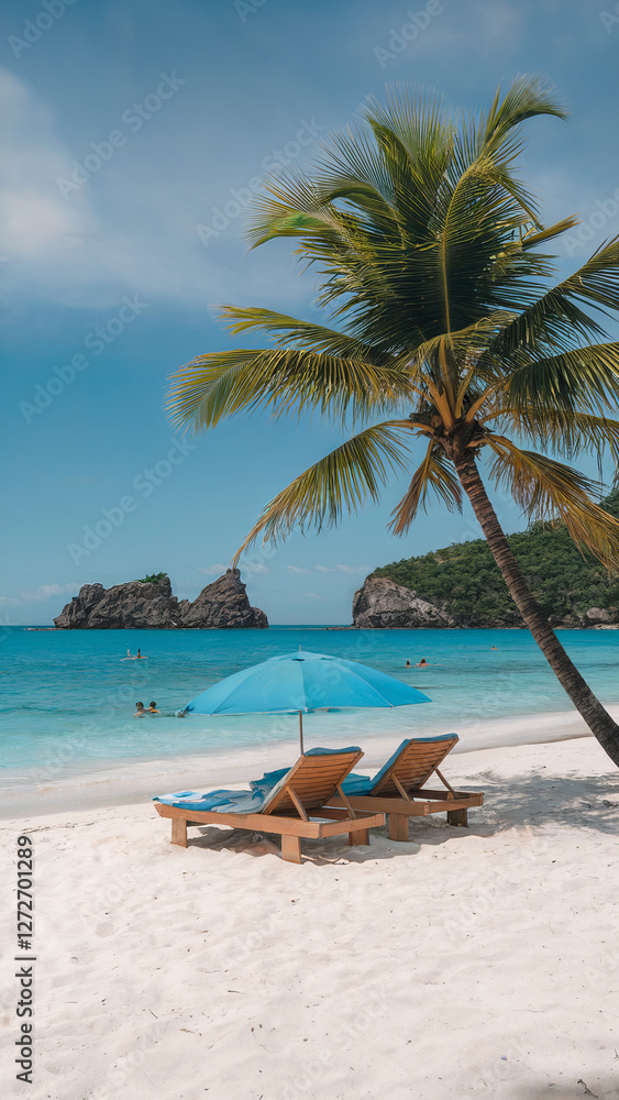 Scenic Tropical Beach with Palm Tree, White Sand, and Lounge Chairs Under a Blue Umbrella – Relaxing Seaside Vacation Destination Scenic Tropical Beach with Palm Tree, White Sand, and Lounge Chairs Under a Blue Umbrella – Relaxing Seaside Vacation Destination
